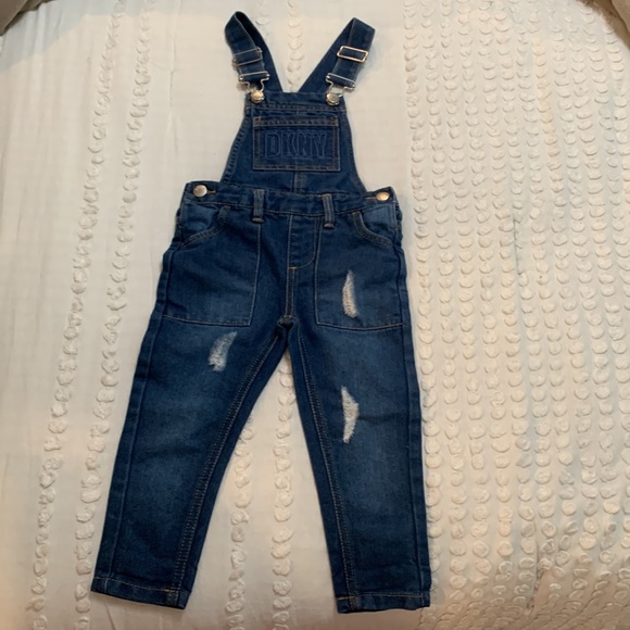 DKNY. Child’s 3T overalls. Distressed. Like new. Ripped Jean overalls. - Picture 1 of 10
